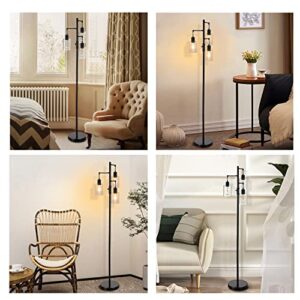 Liylan Dimmable Floor Lamp, Industrial Floor Lamp for Living Room Bedroom, Black 3 Lights Tree Standing Lamp, with On/Off Switch, Clear Glass Shade