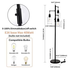 Liylan Dimmable Floor Lamp, Industrial Floor Lamp for Living Room Bedroom, Black 3 Lights Tree Standing Lamp, with On/Off Switch, Clear Glass Shade