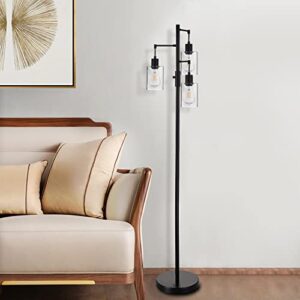 Liylan Dimmable Floor Lamp, Industrial Floor Lamp for Living Room Bedroom, Black 3 Lights Tree Standing Lamp, with On/Off Switch, Clear Glass Shade