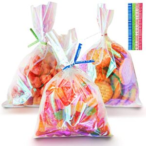 jestar cellophane treat bags, 100pcs 5×7 treat bags with ties goodie bags iridescent cellophane bags party favor bags for kids birthday party favors, valentines easter halloween weddings baby shower