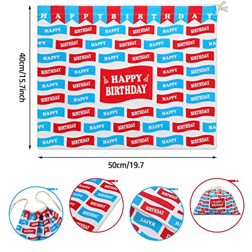 2 Pieces 20×16 inch Large Birthday Drawstring Gift Bag Canvas Gift Bags with Drawstring Printed with Red and Blue Happy Birthday Flags Drawstring Gift Bag for Kids Grandchildren Friends