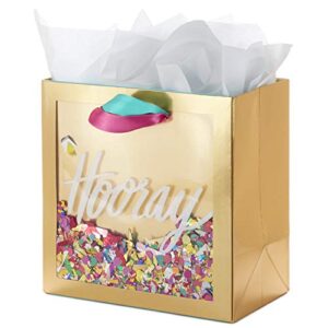 Hallmark Signature 7" Medium Gift Bag with Tissue Paper (Hooray; Gold with Pink, Teal, Purple Confetti) for Bridal Showers, Graduations, Retirements and More