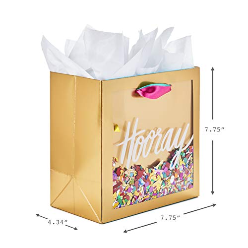 Hallmark Signature 7" Medium Gift Bag with Tissue Paper (Hooray; Gold with Pink, Teal, Purple Confetti) for Bridal Showers, Graduations, Retirements and More