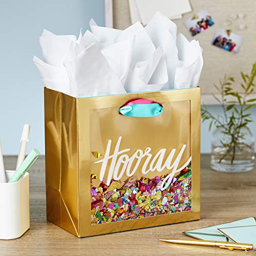 Hallmark Signature 7" Medium Gift Bag with Tissue Paper (Hooray; Gold with Pink, Teal, Purple Confetti) for Bridal Showers, Graduations, Retirements and More