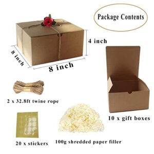 Brown Valentine's Day Gift Boxes 10 Pack 8x8x4 Inches, Paper Gift Box for Gift Packaging, Bridesmaid Proposal Box, Groomsmen Proposal Box, Birthday Party Box- Extra 20M String, 100g Shredded Paper Filler, 20xStickers