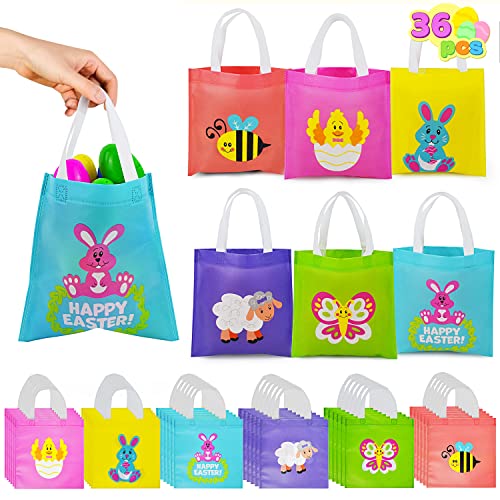 JOYIN 36 PCS Easter Gift Bags, Non Woven Easter Tote Bags with Handles Party Treat Bags for Gifts Wrapping, Egg Hunt Game, Easter Party Supplies