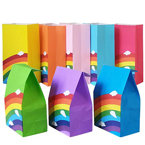 Future Life 24 pcs Rainbow Party Favor Paper Bags, 5.2 * 3.2 * 9.6 Inch, Food Safe Kraft Paper and Ink, Natural (Biodegradable), Vivid Colored,Give Away Bags.