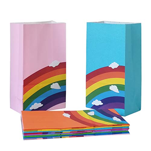 Future Life 24 pcs Rainbow Party Favor Paper Bags, 5.2 * 3.2 * 9.6 Inch, Food Safe Kraft Paper and Ink, Natural (Biodegradable), Vivid Colored,Give Away Bags.