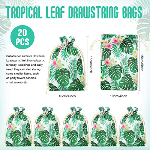 Saintrygo 20 Pack Luau Gift Bags with Drawstring Hawaiian Party Favor Summer Tropical Palm Leaf Candy Bags Goodies Treat Bag Small Jewelry Pouches for Luau Hawaii Party Birthday Supplies (4 x 6 Inch)