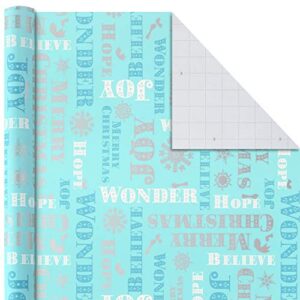 Hallmark Christmas Wrapping Paper Bundle with Cutlines on Reverse (3 Rolls: 80 sq. ft. ttl) Teal and Silver, Elegant Woodland with Deer, Holographic Pinecones