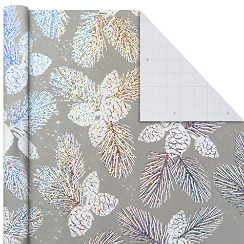 Hallmark Christmas Wrapping Paper Bundle with Cutlines on Reverse (3 Rolls: 80 sq. ft. ttl) Teal and Silver, Elegant Woodland with Deer, Holographic Pinecones