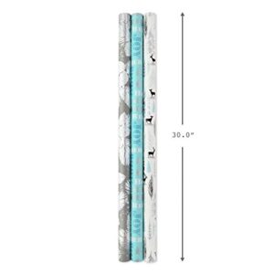 Hallmark Christmas Wrapping Paper Bundle with Cutlines on Reverse (3 Rolls: 80 sq. ft. ttl) Teal and Silver, Elegant Woodland with Deer, Holographic Pinecones