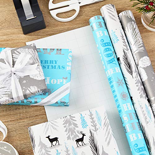 Hallmark Christmas Wrapping Paper Bundle with Cutlines on Reverse (3 Rolls: 80 sq. ft. ttl) Teal and Silver, Elegant Woodland with Deer, Holographic Pinecones