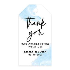 andaz press classic 20-pack personalized thank you for celebrating with us wedding favor tags with bakers twine, watercolor blue custom cardstock wedding gift tags for wedding party favors, 2″ x 3.75″