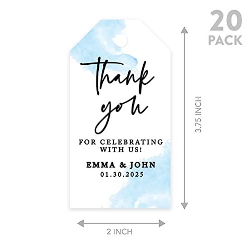 Andaz Press Classic 20-Pack Personalized Thank You For Celebrating with Us Wedding Favor Tags With Bakers Twine, Watercolor Blue Custom Cardstock Wedding Gift Tags For Wedding Party Favors, 2" x 3.75"