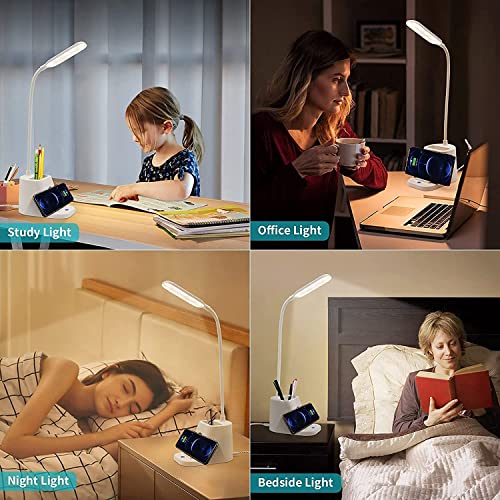 Small Desk Lamp with Wireless Charger, Desk Lights for Home Office - LED, White,Brightness Adjustment, 3 Color Modes,500LM, Study Lamp with Pen Holder， Desktop Study Desk Lamp for College Dorm Room