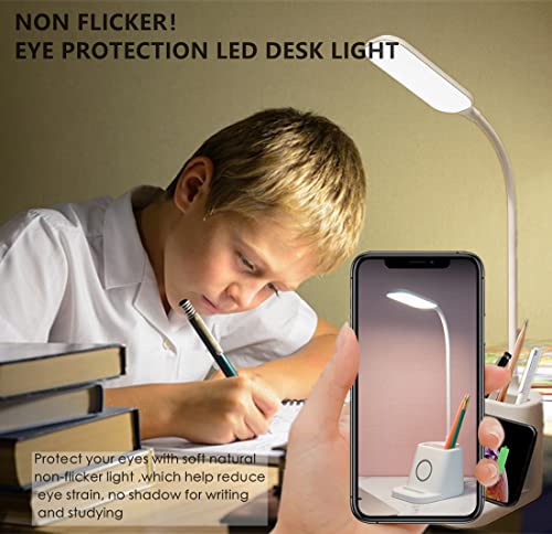 Small Desk Lamp with Wireless Charger, Desk Lights for Home Office - LED, White,Brightness Adjustment, 3 Color Modes,500LM, Study Lamp with Pen Holder， Desktop Study Desk Lamp for College Dorm Room