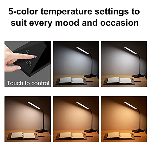 RAOYI LED Desk Lamp, 12W Dimmable Table Lamp Eye-Caring Reading Light with USB Charging Port, Touch Control, 5 Lighting Modes and 7-Level Brightness for Home Office Bedrooms (Black)