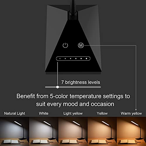 RAOYI LED Desk Lamp, 12W Dimmable Table Lamp Eye-Caring Reading Light with USB Charging Port, Touch Control, 5 Lighting Modes and 7-Level Brightness for Home Office Bedrooms (Black)