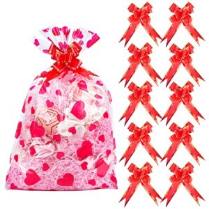 kolewo4ever 40pcs heart cellophane basket bags set 20pcs heart cellophane wrap clear basket bags with 20pcs red pull bows for valentine, weddings, bridal or baby showers (12x18inches)