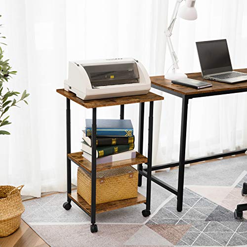HOOBRO Printer Stand,3-Tier Adjustable Table Printer Cart on Wheels, Heavy Duty Storage Machine Rack for Home Office, Rustic Brown and Black BF03PS01