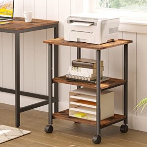 HOOBRO Printer Stand,3-Tier Adjustable Table Printer Cart on Wheels, Heavy Duty Storage Machine Rack for Home Office, Rustic Brown and Black BF03PS01