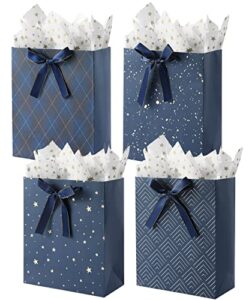 komoleay 4 pack 9″ medium size gift bags assorted premium blue gift bags with tissue paper use for birthdays, baby shower,weddings,party favor, holiday presents-7″ x 4″ x 9″