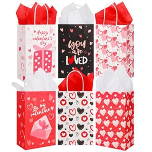 derayee valentines day gift bags with handle, 24 pack heart bags with tissue paper medium valentines kraft paper wrapping bags for valentines party favors