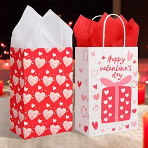 DERAYEE Valentines Day Gift Bags with Handle, 24 Pack Heart Bags with Tissue Paper Medium Valentines Kraft Paper Wrapping Bags for Valentines Party Favors