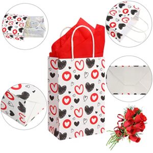 DERAYEE Valentines Day Gift Bags with Handle, 24 Pack Heart Bags with Tissue Paper Medium Valentines Kraft Paper Wrapping Bags for Valentines Party Favors