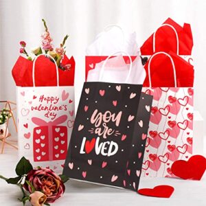 DERAYEE Valentines Day Gift Bags with Handle, 24 Pack Heart Bags with Tissue Paper Medium Valentines Kraft Paper Wrapping Bags for Valentines Party Favors