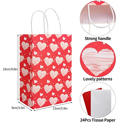 DERAYEE Valentines Day Gift Bags with Handle, 24 Pack Heart Bags with Tissue Paper Medium Valentines Kraft Paper Wrapping Bags for Valentines Party Favors