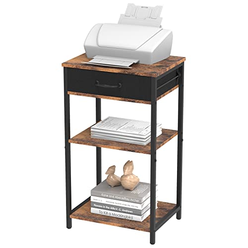 Industrial Printer Stand Rack 3 Tier Printer Table with Storage Printer Shelf with File Drawer Sofa Side Tables Nightstand for Bedroom Machine Stand Holder for Office and Home, Brown