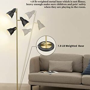 ELYONA Gold Tree Floor Lamp with 3 Adjustable Rotating Lights, Industrial Tall Pole Metal Standing Lights with 3 LED Bulbs for Living Room,Bedroom,Farmhouse,Office,Hotel, Vintage Brushed Brass & Black