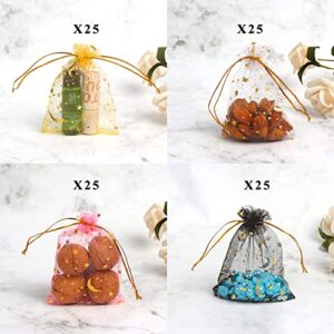 CCINEE 100Pcs Clear Organza Bags, 3.5x4.7 Drawstrings Star and Moon Gift Small Jewelry Gift Bags for Wedding Party,Fill Christmas Goody Bags and Small Items Storage Bag(Mixed Color)