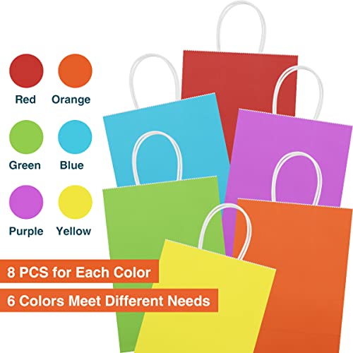 Poever 48Pcs Party Favor Bags Colorful Gift Bags 6 Colors 10x5x13 Kraft Paper Bags with Handles Rainbow Goody Bags for Kids Birthday Wedding Business