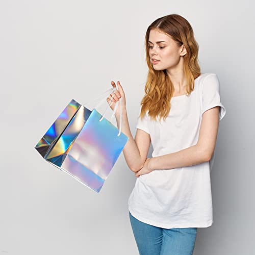 12 Pcs Holographic Silver Gift Bags Iridescent Party Bags with Handles and 20 Pcs Rainbow Glossy Clear Film Cellophane Sheets Reflective Wrapping Paper for Party Supplies