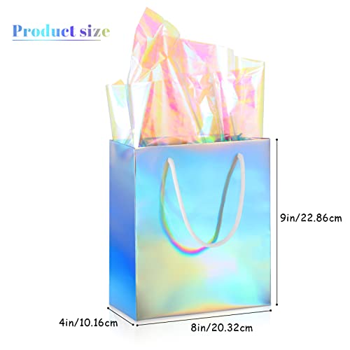 12 Pcs Holographic Silver Gift Bags Iridescent Party Bags with Handles and 20 Pcs Rainbow Glossy Clear Film Cellophane Sheets Reflective Wrapping Paper for Party Supplies