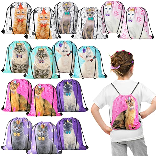 16 Pcs Cat Party Favor Bags Cat Drawstring Bags Backpack Cat Drawstring Sport Gym Sack Cartoon Animal Drawstring Candy Goodies Treat Bags for Kids Birthday As Loot Gift