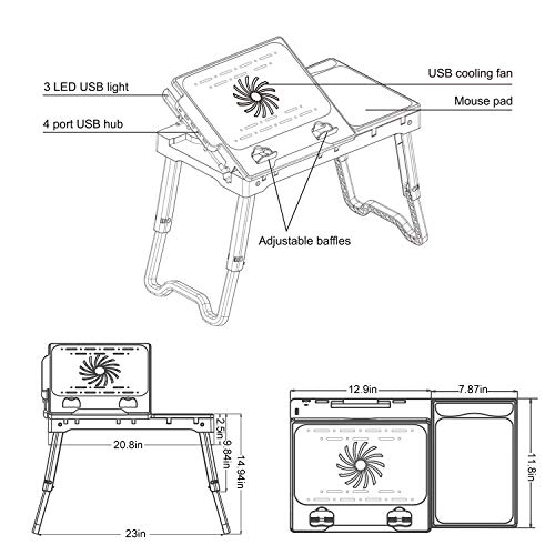 TeqHome Laptop Desk for Bed, Adjustable Laptop Bed Table with Fan, Portable Lap Desk with Foldable Legs, Laptop Stand for Couch Sofa Bed Tray with LED Light, 4 USB Ports, Storage, Mouse Pad