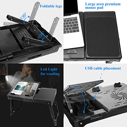 TeqHome Laptop Desk for Bed, Adjustable Laptop Bed Table with Fan, Portable Lap Desk with Foldable Legs, Laptop Stand for Couch Sofa Bed Tray with LED Light, 4 USB Ports, Storage, Mouse Pad