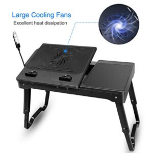 TeqHome Laptop Desk for Bed, Adjustable Laptop Bed Table with Fan, Portable Lap Desk with Foldable Legs, Laptop Stand for Couch Sofa Bed Tray with LED Light, 4 USB Ports, Storage, Mouse Pad