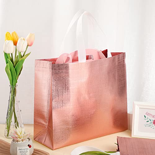 72 Pack Reusable Gift Bags with Handles Glossy Reusable Grocery Bags Tote Bags for Wedding Bridesmaid Birthday Christmas(Rose Gold)