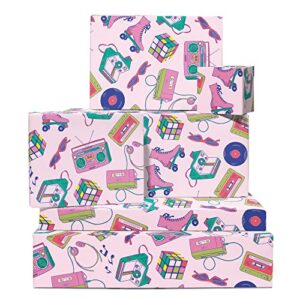 CENTRAL 23 Retro Wrapping Paper - Pink Birthday Gift Wrap - 6 Pcs of Girls Birthday Wrapping Paper Sheets - Radio Polaroid Roller Blades - 90's 80's Theme - Comes With Stickers