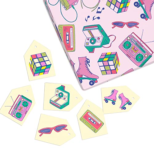 CENTRAL 23 Retro Wrapping Paper - Pink Birthday Gift Wrap - 6 Pcs of Girls Birthday Wrapping Paper Sheets - Radio Polaroid Roller Blades - 90's 80's Theme - Comes With Stickers