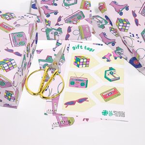 CENTRAL 23 Retro Wrapping Paper - Pink Birthday Gift Wrap - 6 Pcs of Girls Birthday Wrapping Paper Sheets - Radio Polaroid Roller Blades - 90's 80's Theme - Comes With Stickers