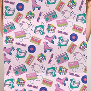 CENTRAL 23 Retro Wrapping Paper - Pink Birthday Gift Wrap - 6 Pcs of Girls Birthday Wrapping Paper Sheets - Radio Polaroid Roller Blades - 90's 80's Theme - Comes With Stickers