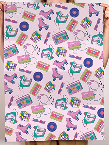 CENTRAL 23 Retro Wrapping Paper - Pink Birthday Gift Wrap - 6 Pcs of Girls Birthday Wrapping Paper Sheets - Radio Polaroid Roller Blades - 90's 80's Theme - Comes With Stickers