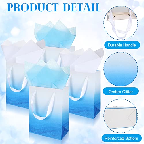 Jeyiour 24 Pcs Ombre Bags Bulk with 48 Pcs Tissue Paper, 9 x 7 x 4 Inch, Christmas Glitter Paper Wrap Bag, Packaging for Wedding Birthday Party Favor (Blue)