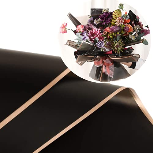 20 Sheets Pure color gold edge Flower Wrapping Paper,Florist Bouquet Supplies,DIY Crafts,Gift Packaging or Gift Box Packaging, Wraps Waterproof Floral Wrapping Paper 22.8x22.8Inch (Dark night black)